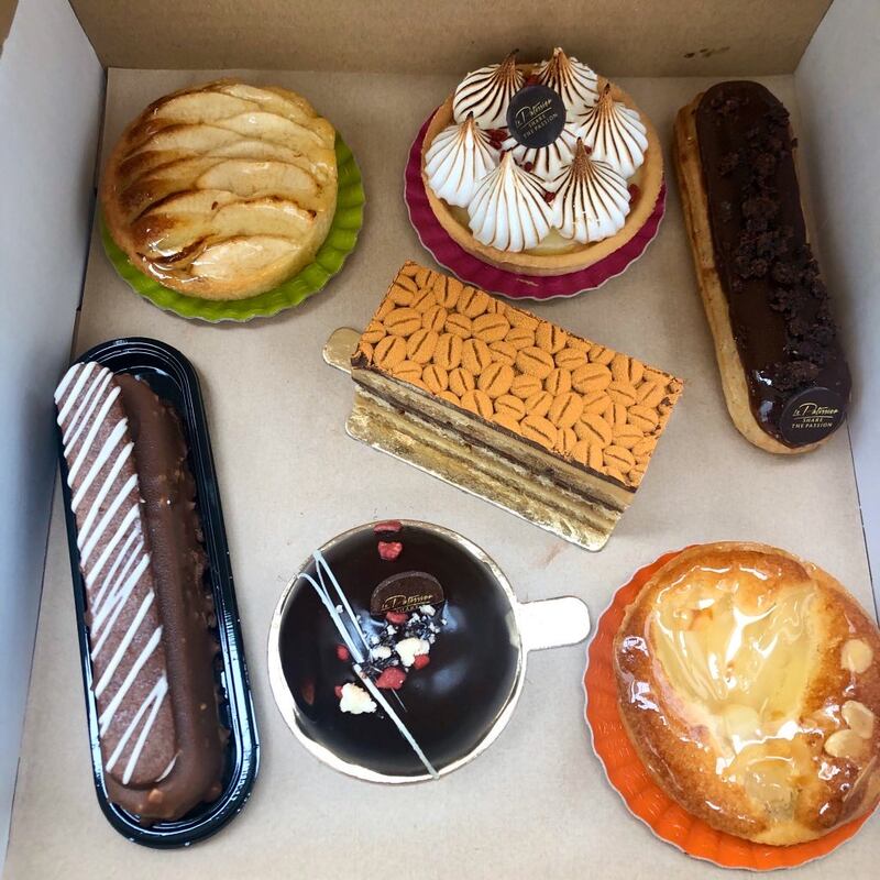 A box of seven cakes from Le Patissier.