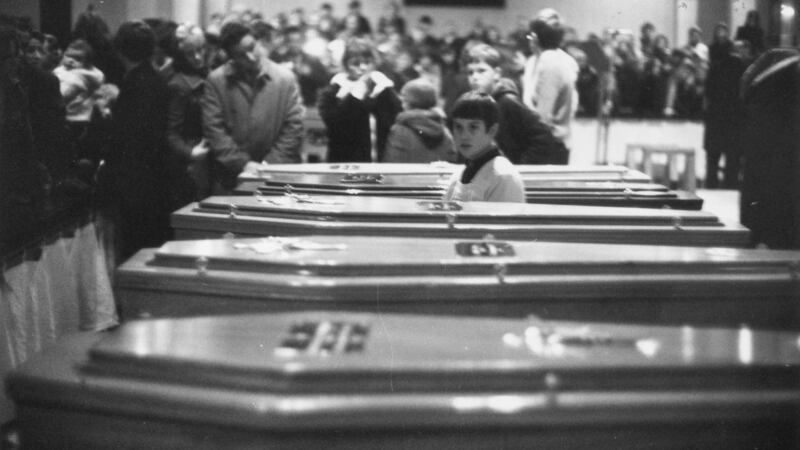 Coffins of civilians shot dead by British Paratroopers on Bloody Sunday lined up a funeral at St Mary’s church in Derry.  Photograph: M. Stroud/Express/Getty Images.