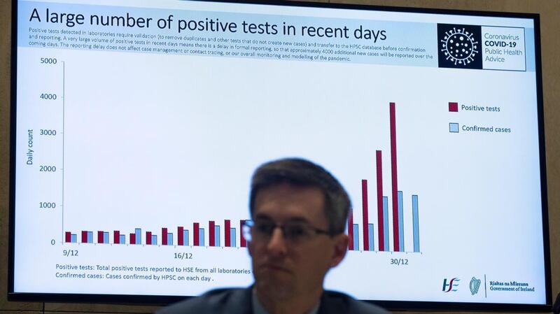 Deputy chief medical officer Dr Ronan Glynn in front of a graphic indicating a sharp rise in positive Covid-19 test results, at a press conference at the Department of Health on New Year’s Eve. Photograph: Colin Keegan/Collins