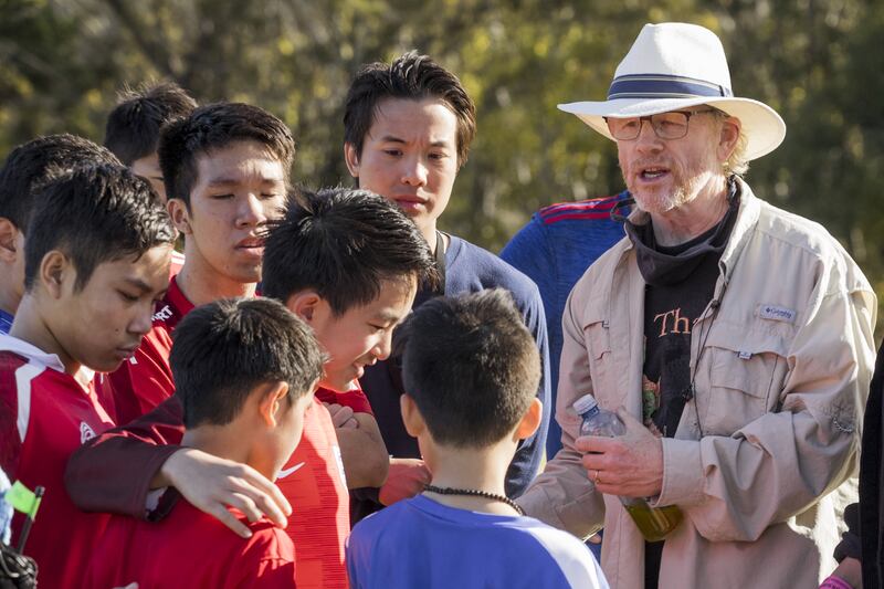 Ron Howard with young cast members on the Thirteen Lives set. Photograph: Vince Valitutti/MGM