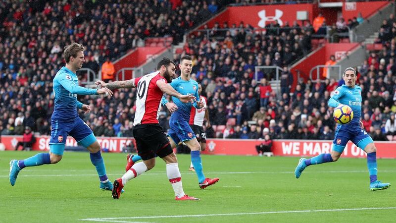 Charlie Austin opens the scoring for Southampton. Photograph: Catherine Ivill/Getty