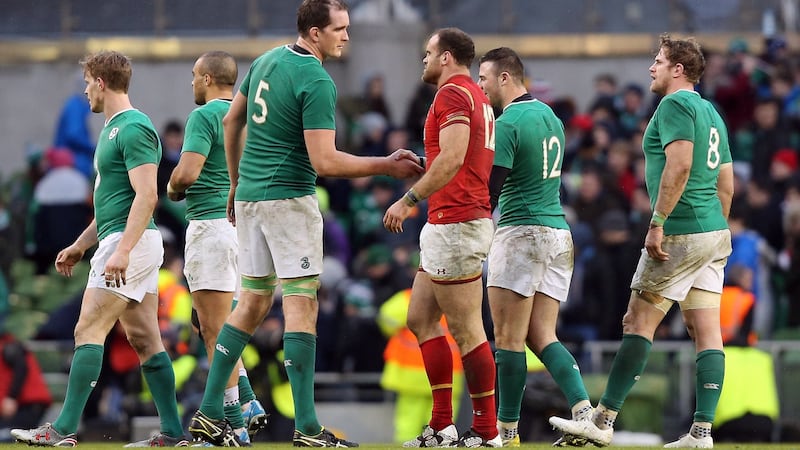 Devin Toner and Jamie Roberts shake hands after Ireland and Wales drew 16-16 in 2016. Photograph: Colm O’Neill/Inpho
