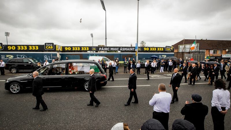 The coffin of senior Irish republican and former leading IRA figure Bobby Storey passes Casement Park in west Belfast following the funeral at St Agnes’s Church. Photorgaph: Liam McBurney/PA Wire