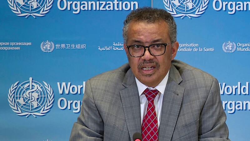 A TV grab taken from the World Health Organization website shows WHO Chief Tedros Adhanom Ghebreyesus via video link as he delivers a news briefing on Covid-19 from the WHO headquarters in Geneva on March 30th. Photograph: AFP via Getty Images