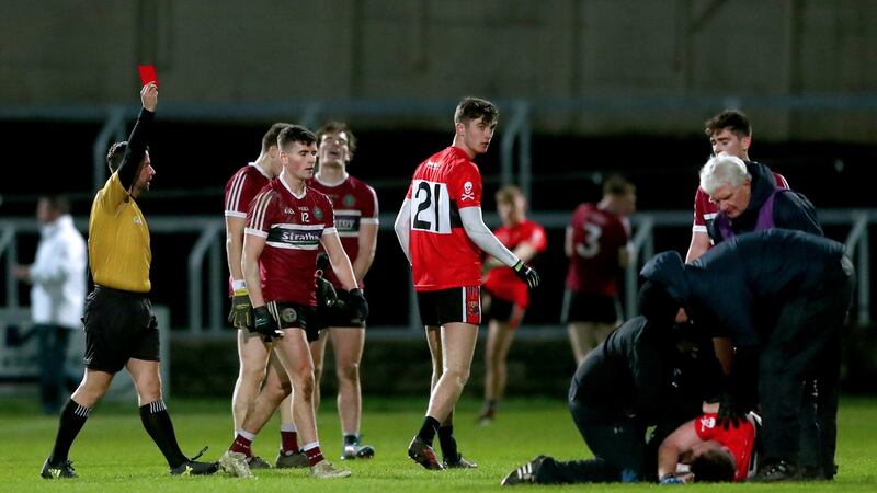 Aaron Boyle receives a red card after a second yellow. Photo: James Crombie/Inpho
