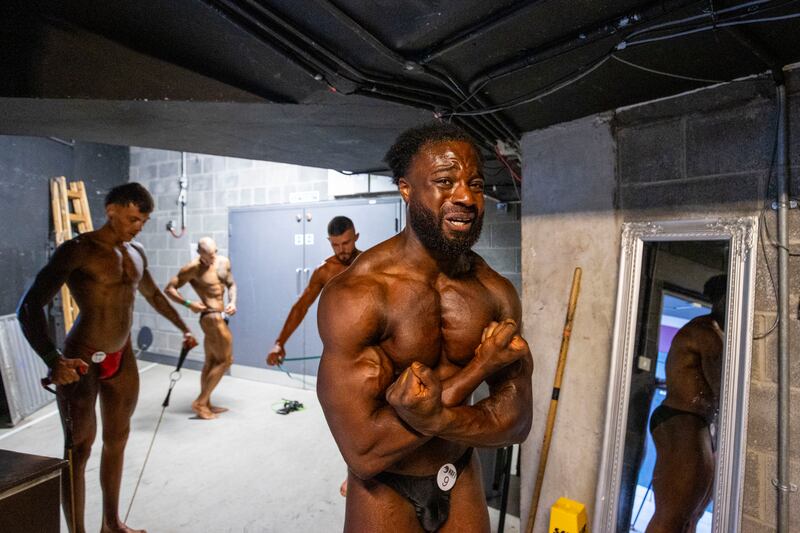 Leke Duyile backstage before competing in the Junior Men's Bodybuilding contest. Photograph: Tom Honan