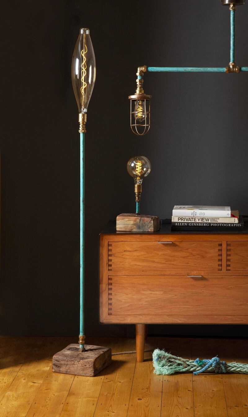 Eoin Shanley at his Copper Fish Studio makes sculptural lamps with an industrial feel mostly with salvaged materials