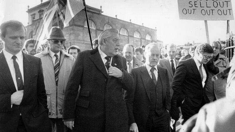 The Rev Ian Paisley and James Molyneaux in 1985 with supporters in Hillsborough, Co Down, prior to the signing of the Anglo-Irish Agreement. File photograph: Dermot O’Shea/ The Irish Times