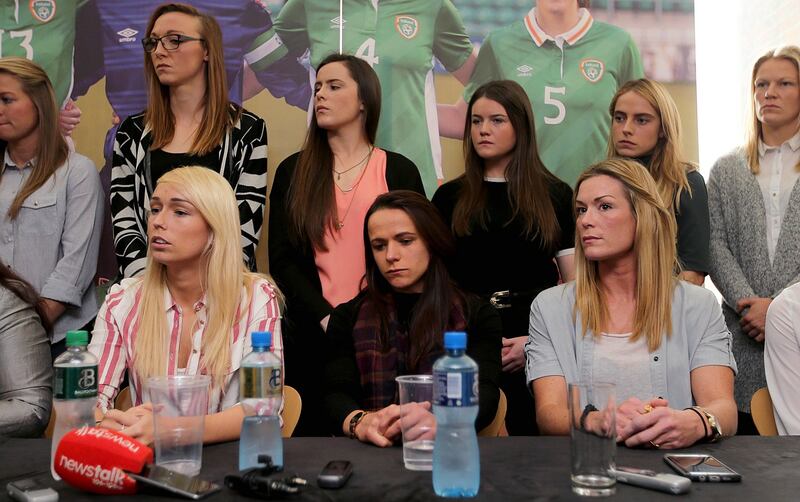 Stephanie Roche, Aine O'Gorman and Emma Byrne with members of the Republic of Ireland women's national soccer team  at a press conference at Liberty Hall, Dublin. Photograph: Donall Farmer/Inpho