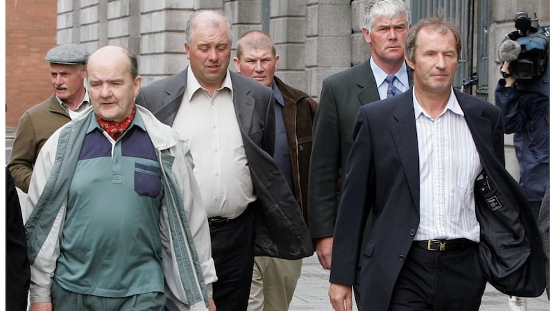 From left,   Micheál Ó Seighin, Willie Corduff, Philip McGrath, Brendan Philbin and  Vincent McGrath – the five Mayo farmers jailed  for refusing to give an undertaking not to obstruct the construction of the Corrib gas pipe line. Photograph: Alan Betson
