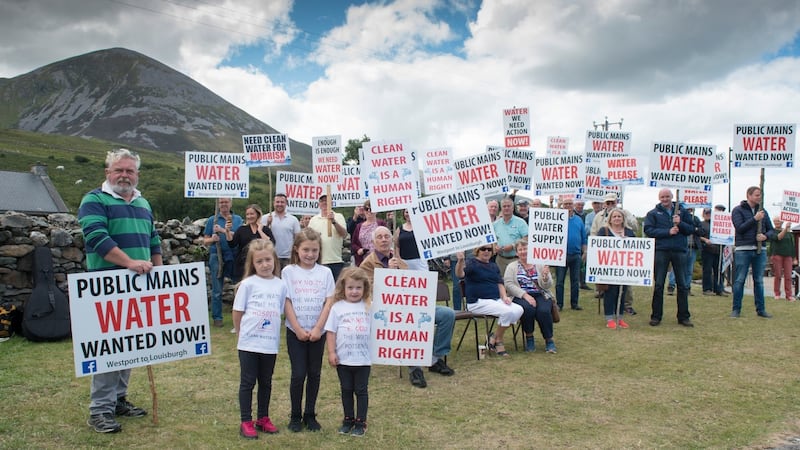 Murrisk and Louisburgh water protesters at base of Croagh Patrick on Reek Sunday. Residents claim €6.3 million allocated in 2007 to provide a water supply for 3,000 people has not been delivered. Photograph: Michael McLaughlin