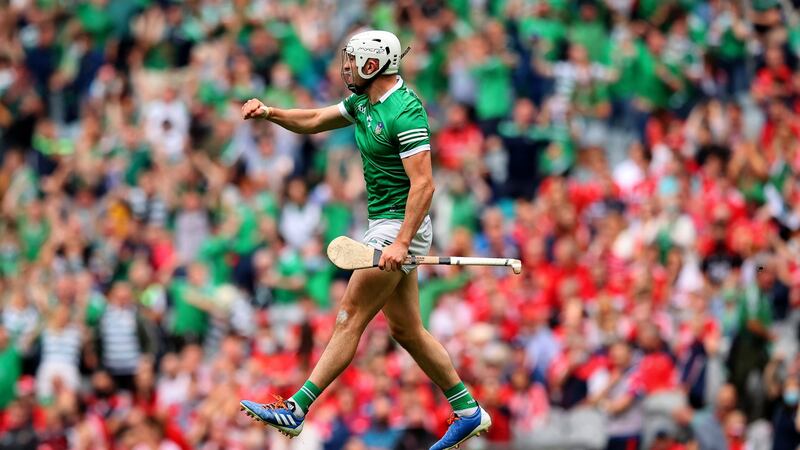 Limerick’s Aaron Gillane celebrates scoring his side’s second goal of the game at Croke Park on Sunday. Photograph: Ryan Byrne/Inpho