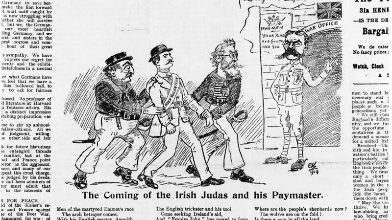 A satirical cartoon from the The Irish Worker newspaper entitled ‘The Redmond-O’Brien Press Gang’. The illustration is accompanied by a poem and criticizes Irish politicians for offering support to Britain’s war effort. The cartoon depicts Irish nationalist, journalist, and politician William O’Brien and leader of the Irish Parliamentary Party John Redmond  delivering an Irish ‘volunteer’ to Lord Kitchener at the British War Office. A caption over the door reads: ‘This way to the European shambles’. Original publication: The Irish Worker, pub 29th September 1914. Photograph: Hulton Archive/Getty Images