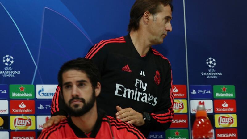 Lopetegui leaves a press conference with Isco ahead of Real Madrid’s Champions League clash with Viktoria Plzen. Photo: Sergio Perez/EPA