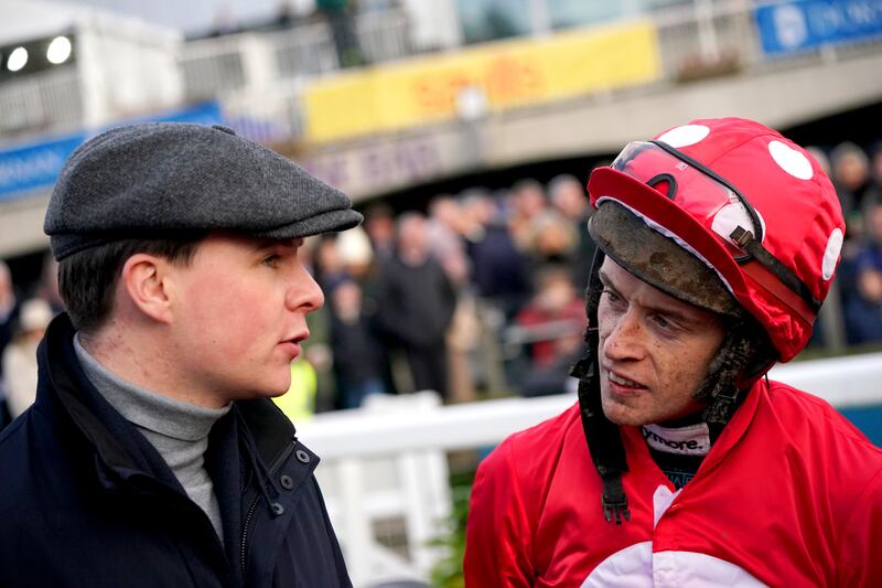 Trainer Joseph O'Brien and jockey JJ Slevin after winning the Jack de Bromhead Christmas Hurdle on Home By The Lee at Leopardstown on December 28th, 2022. Photograph: Niall Carson/PA Wire