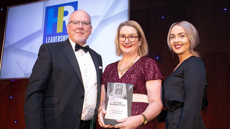 Jim Wylie, senior commercial development manager, and Emma Wilde, Team Lead - Human Resources Division, Osborne, presents the Best Talent Management Strategy award to Susan Hynes, Bank of Ireland.