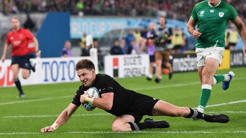 Beauden Barrett scores the All Blacks’ third try. Photo: Andrew Cornaga/Inpho