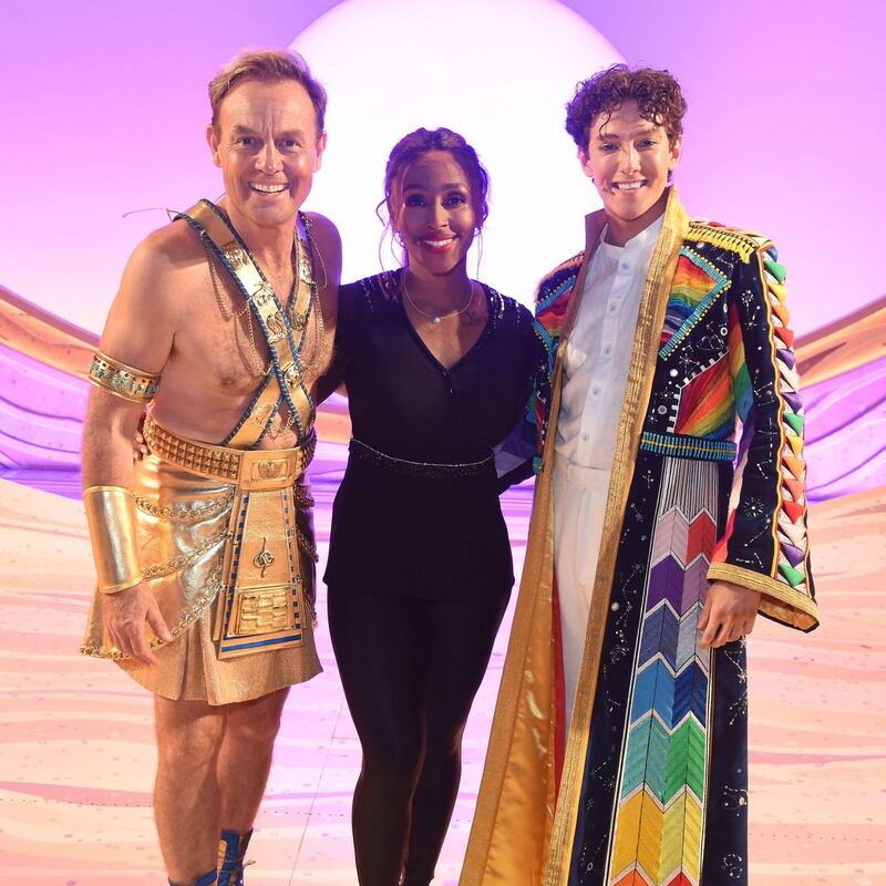 Jason Donovan, Alexandra Burke and Jac Yarrow backstage after the press night performance of Joseph and the Amazing Technicolor Dreamcoat at the London Palladium, in London, England. Photograph: David M Benett/Dave Benett/Getty Images