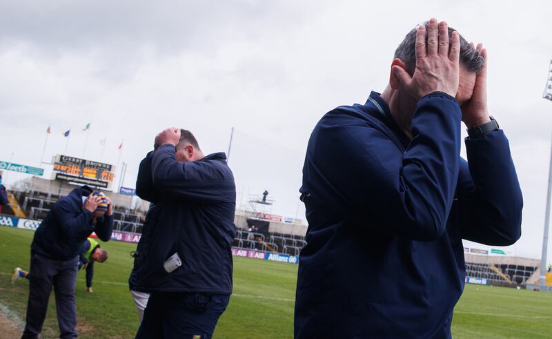Wicklow manager Oisín McConville and his staff react to events towards the end of the game against Kildare. Photograph: Tom Maher/Inpho