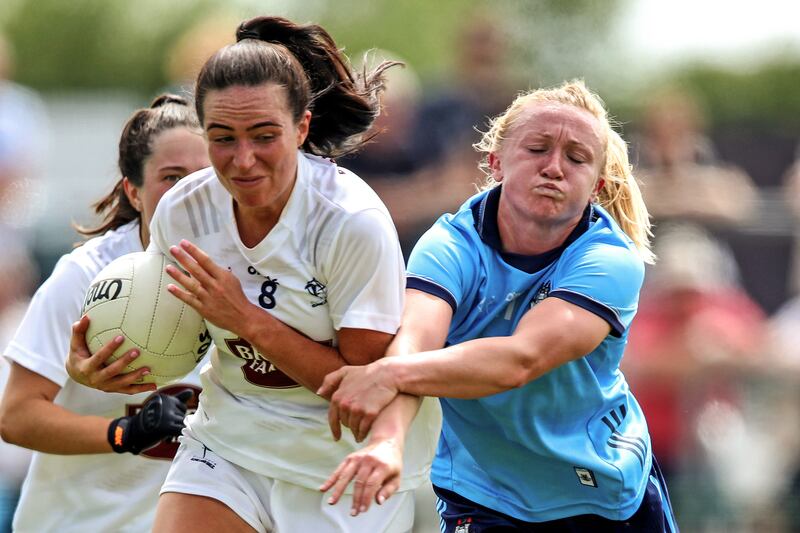 Dublin's prolific Carla Rowe in close attendance on Kildare's Grace Clifford of Kildare during the Ladies football championship match at the weekend. Photograph: Leah Scholes/Inpho