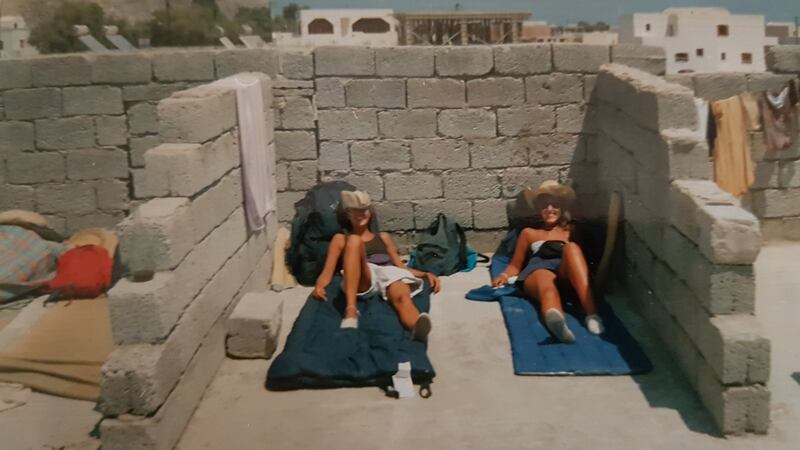A hostel “room” on a rooftop in Greece.