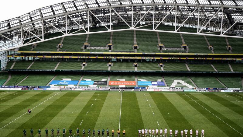 Connacht and Ulster players line-up at the Aviva Stadium. Photograph: Dan Sheridan/Inpho