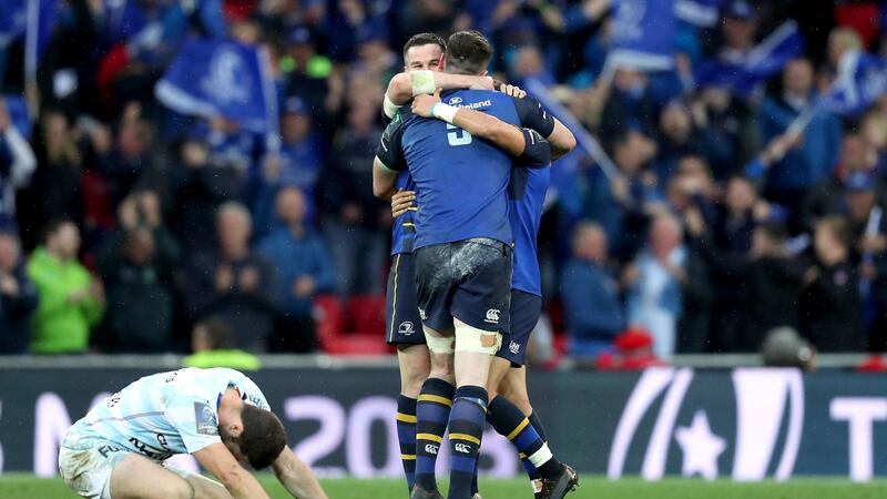 James Ryan and Jonathan Sexton celebrate the win. Photograph: Billy Stickland/Inpho