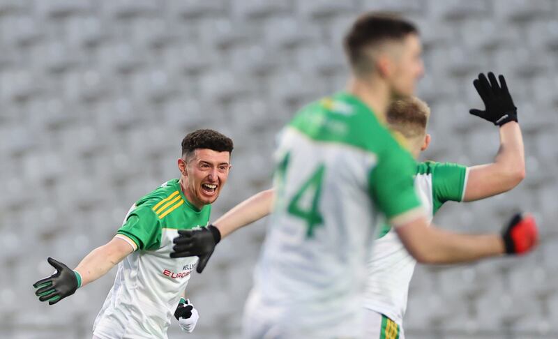 Glen’s Tiernan Flanagan celebrates his side's first goal against Moycullen. Photograph: James Crombie/Inpho