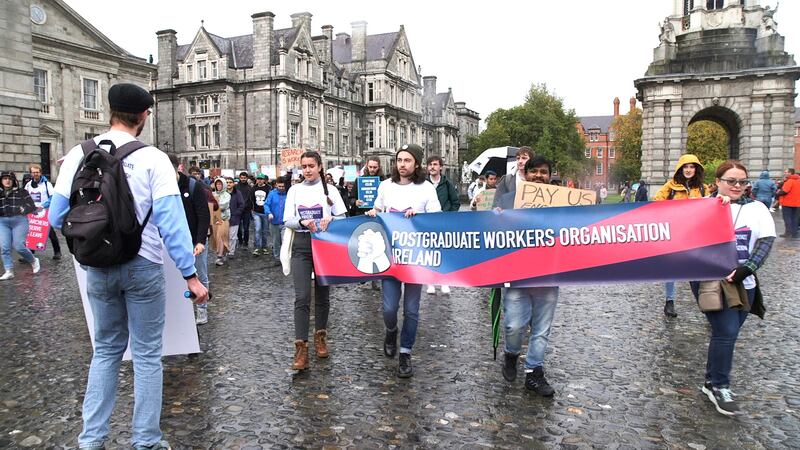 A recent PhD protest from Trinity College Dublin to Leinster House, organised by Postgraduate Workers Organisation of Ireland. Photograph: Bryan O'Brien