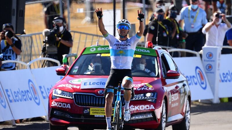 Kazakhstan’s Alexey Lutsenko celebrates as he crosses the finish line of the sixth  stage of the Tour de France  between Le Teil and Mont Aigoual. Photograph: Stuart Franklin/AFP via Getty Images