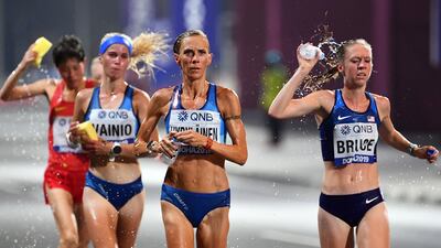 Anne-Marie Hyrylainen of Finland in action during the women’s marathon. Photograph:  Photograph: Noushad Thekkayil/EPA