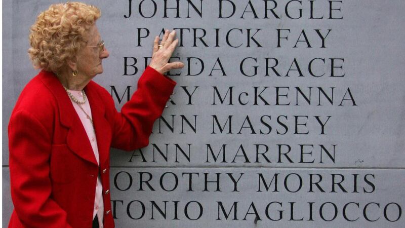 Maura Fay, whose husband, Patrick, died in the bombings, at the memorial on Talbot Street in Dublin in 2010. Photograph: Bryan O’Brien