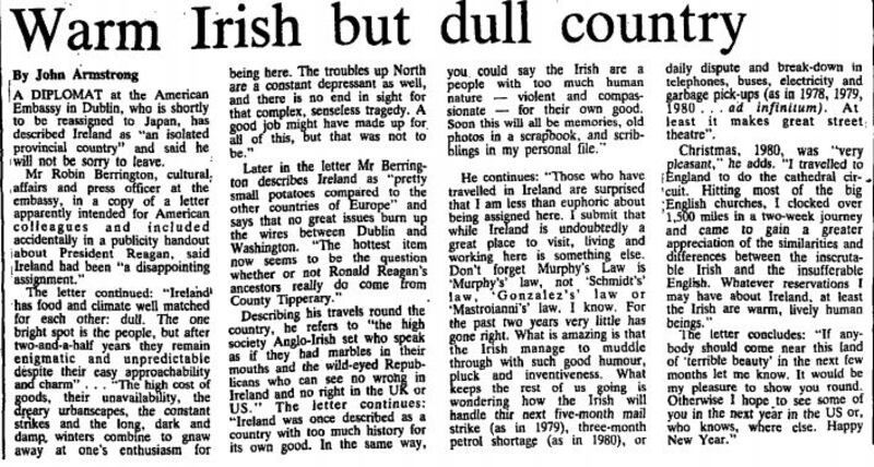 The article The Irish Times published about Berrington's letter on January 28th, 1981