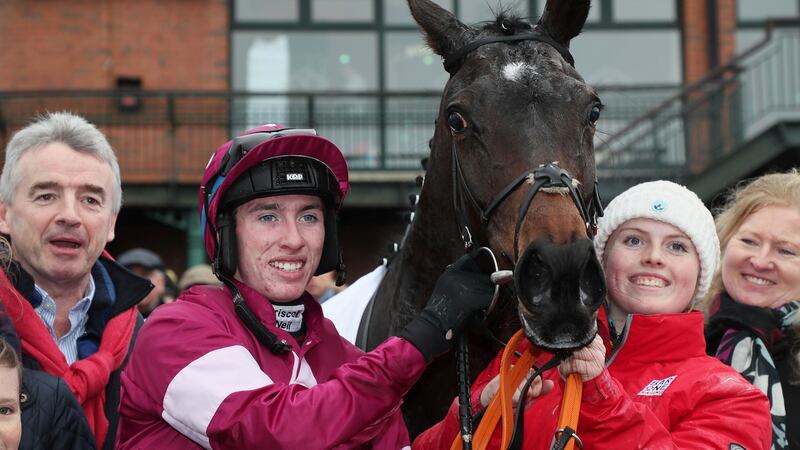 Winning owner Michael O’Leary and jockey Jack Kennedy with Apple’s Jade after Hatton’s Grace Hurdle win. Photograph: Brian Lawless/PA Wire