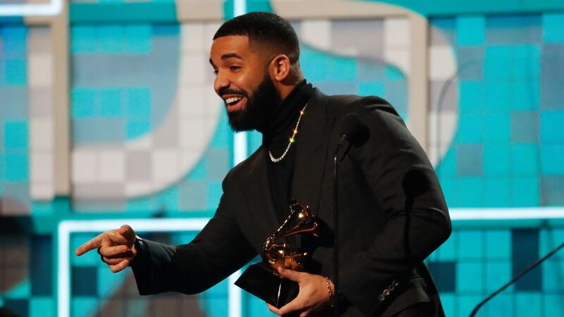 Drake on stage after winning the Best Rap Song Grammy for God’s Plan. Photograph: Mike Blake/Reuters