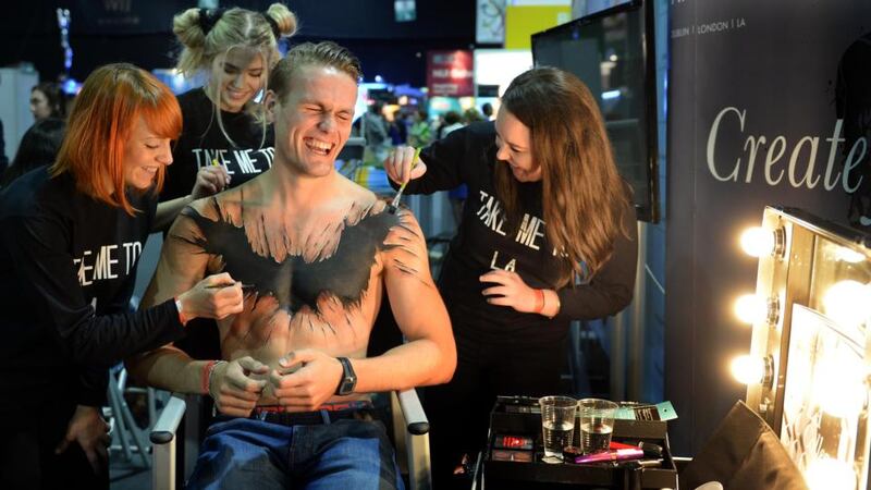 Higher Options: (from left) Orlagh Gilsenan, Emily Jade Elliott and Aisling McGing, LA College of Creative Arts, display their creative skills on Ashley Duane, Kildare, at The Irish Times Higher Options, at the RDS. Photograph: The Irish Times