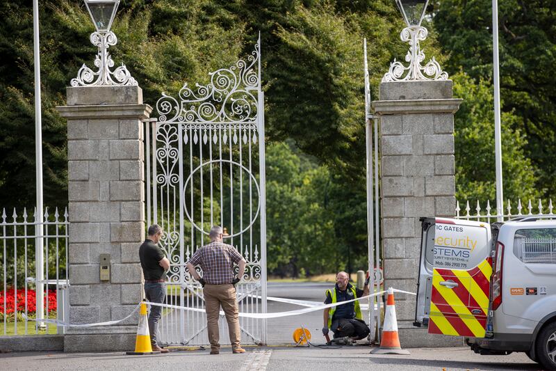 Damage to the gates at Áras an Uachtaráin. Photograph: Tom Honan / The Irish Times