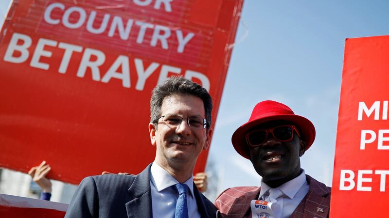 Conservative MP Steve Baker poses next to a pro-Brexit protester outside the Houses of Parliament in London, Britain. Photograph: Alkis Konstantinidis/Reuters