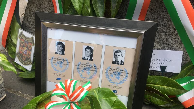 A wreath was laid in memorial of Corporal Gregory Morrow (20) and Privates Thomas Murphy (19) and Peter Burke (20). Photograph: Ronan McGreevy
