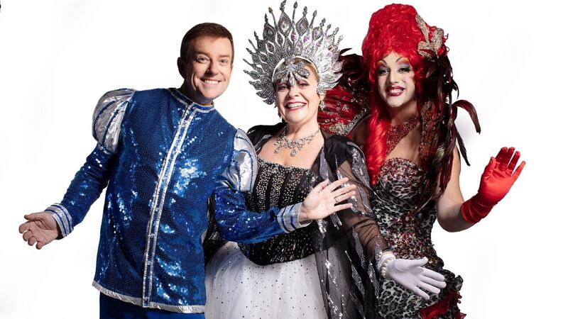Alan Hughes as Sammy Sausages, Mary Byrne as Fairy Mary and Rob Murphy as Buffy in the Cheerios Panto Snow White and the Adventures of Sammy Sausages & Buffy