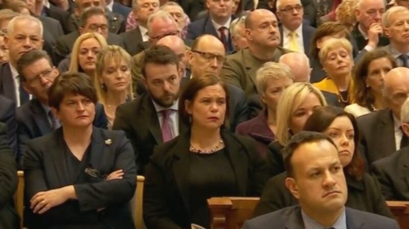 Political leaders including Arlene Foster, Mary Lou McDonald and Michelle O’Neill listen to Fr Martin McGill’s homily