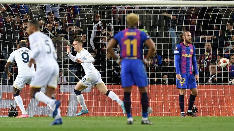 Piotr Zielinski celebrates scoring for Napoli at the Camp Nou stadium in Catalonia. Photograph: Getty Images