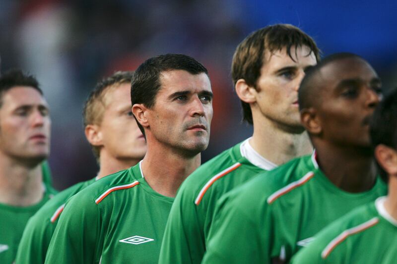 The Republic of Ireland team line up for the national anthem (from left) Robbie Keane, Damien Duff,  Roy Keane, Kevin Kilbane, Clinton Morrison prior to the World Cup Qualifying match between Republic of Ireland and France at Lansdowne Road on September 7th, 2005 in Dublin.  Photograph: Shaun Botterill/Getty Images