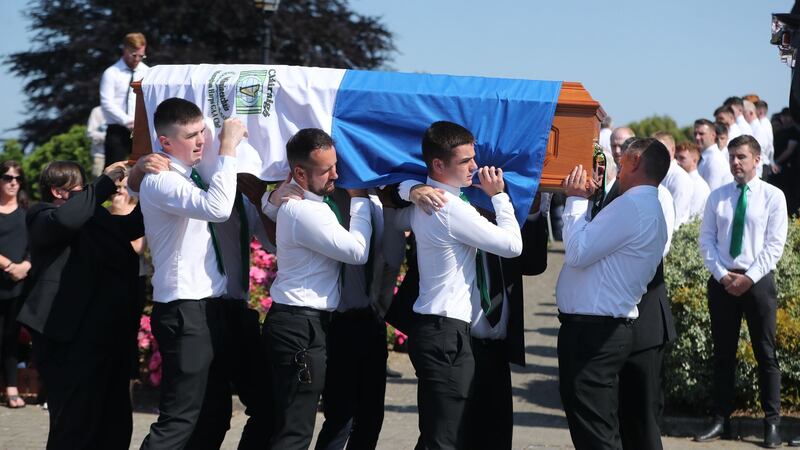 The coffin of Monaghan GAA U20 star Brendan Og Duffy is taken into St McCartan’s Cathedral in Monaghan town, for his funeral. Photograph: Niall Carson/PA Wire