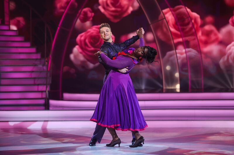 TV presenter Katja Mia and pro dancer Ervinas Merfeldas during Dancing with the Stars. Photograph: Kyran O’Brien/kobpix 