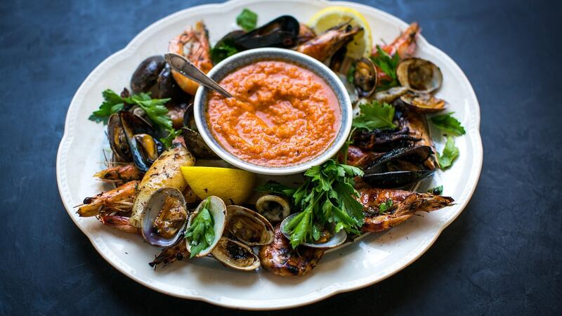 BBQ seafood platter with piri piri sauce