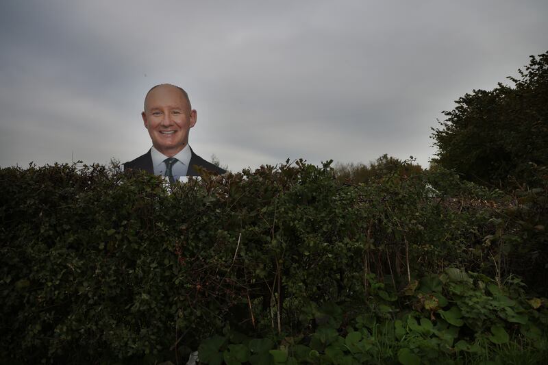 A re-purposed presidential election campaign poster for the Fianna Fáil candidate Jim Gavin spotted in a hedge in West  Dublin. Photograph: Bryan O’Brien