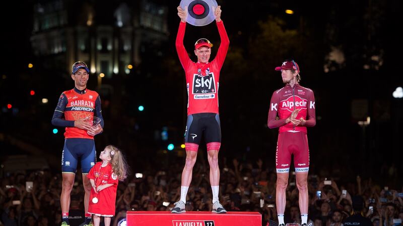 Vuelta winner Chris Froome on the podium with  second placed Vincenzo Nibali and third placed Ilnur Zakarin. Photograph: Denis Doyle/Getty
