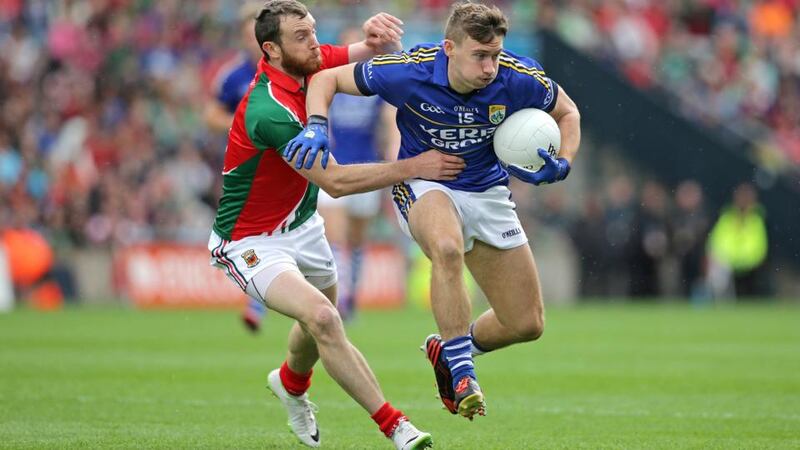 Keith Higgins of Mayo tracks Kerry’s James O’Donoghue at Croke Park last weekend. Photograph: Morgan Treacy  / Inpho