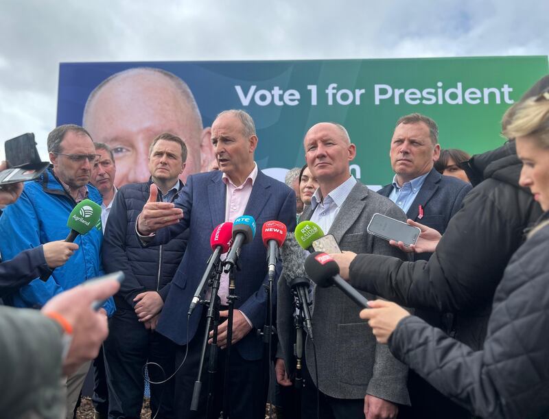 Taoiseach Micheál Martin speaks to the media at the National Ploughing Championships in Tullamore, Co Offaly on Thursday. Photograph: Cillian Sherlock/PA Wire